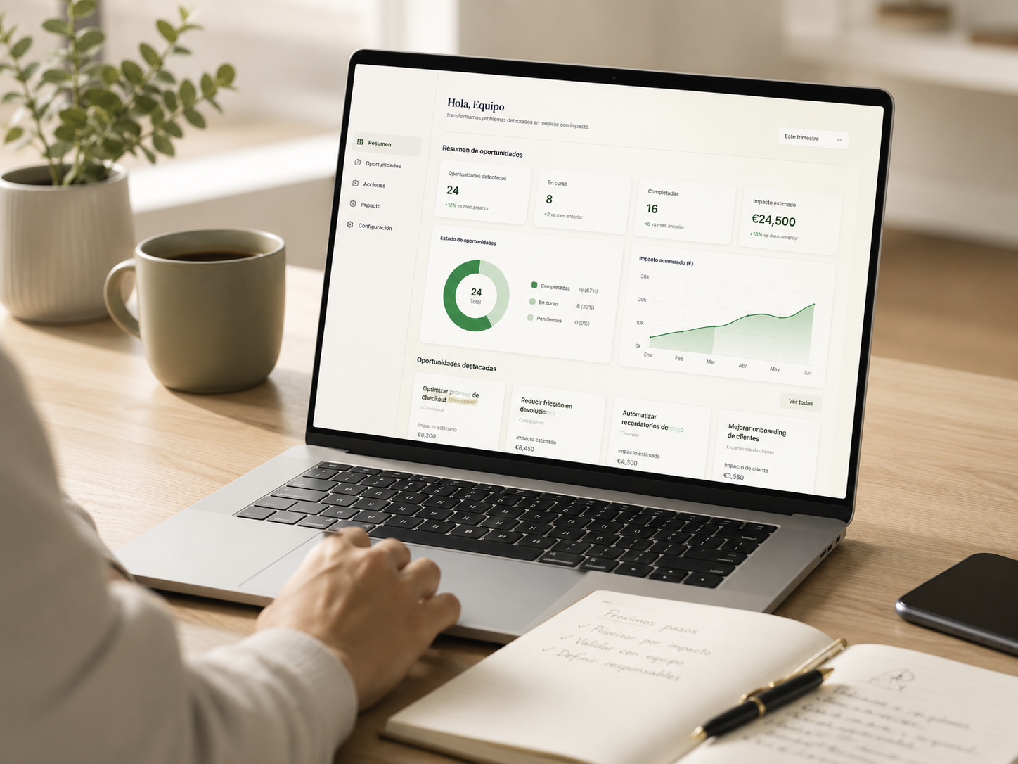 Portátil con dashboard de acciones y métricas para mejorar un negocio