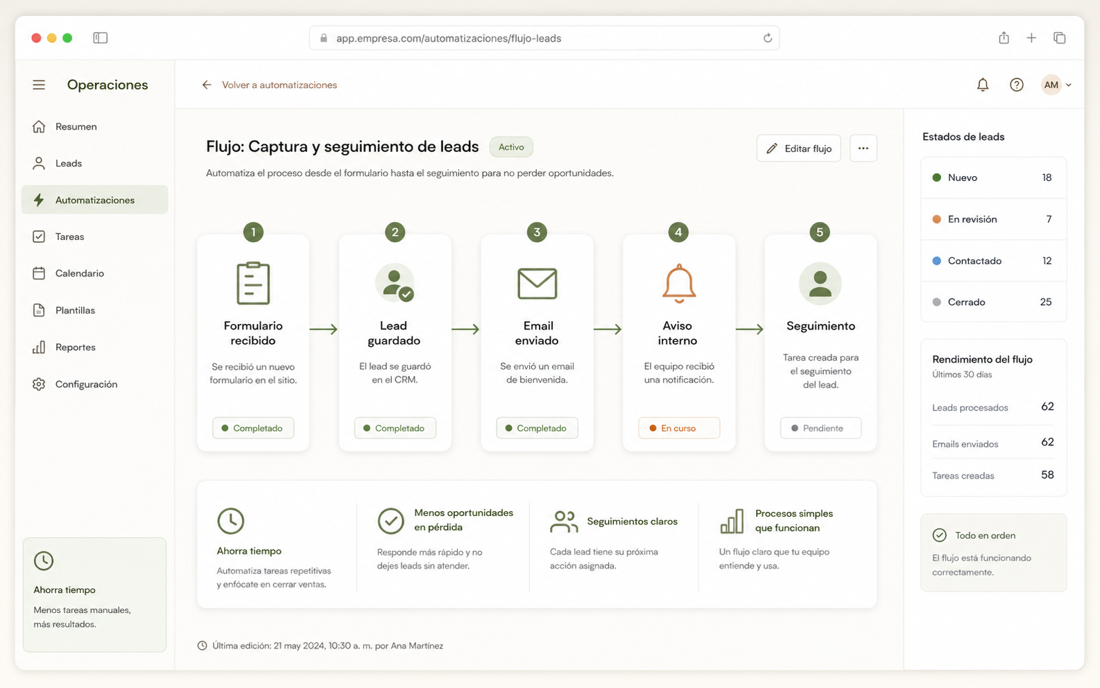 Automatización: preview de flujo automatizado de formularios, emails y seguimiento