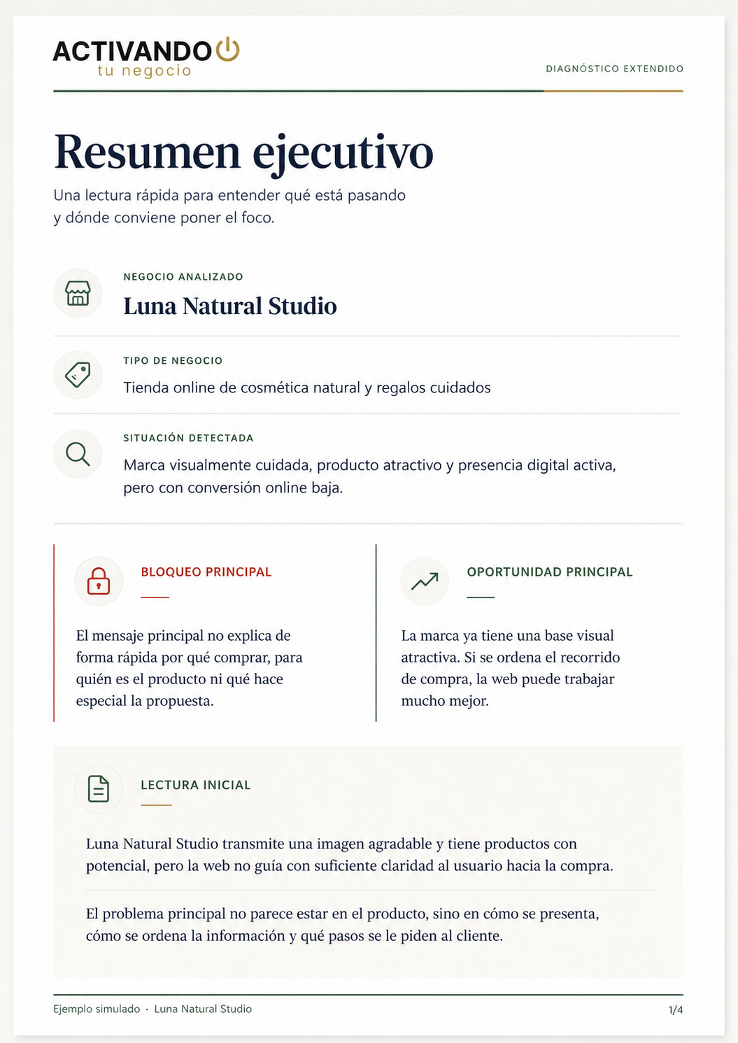 Vista previa del resumen ejecutivo del diagnóstico extendido