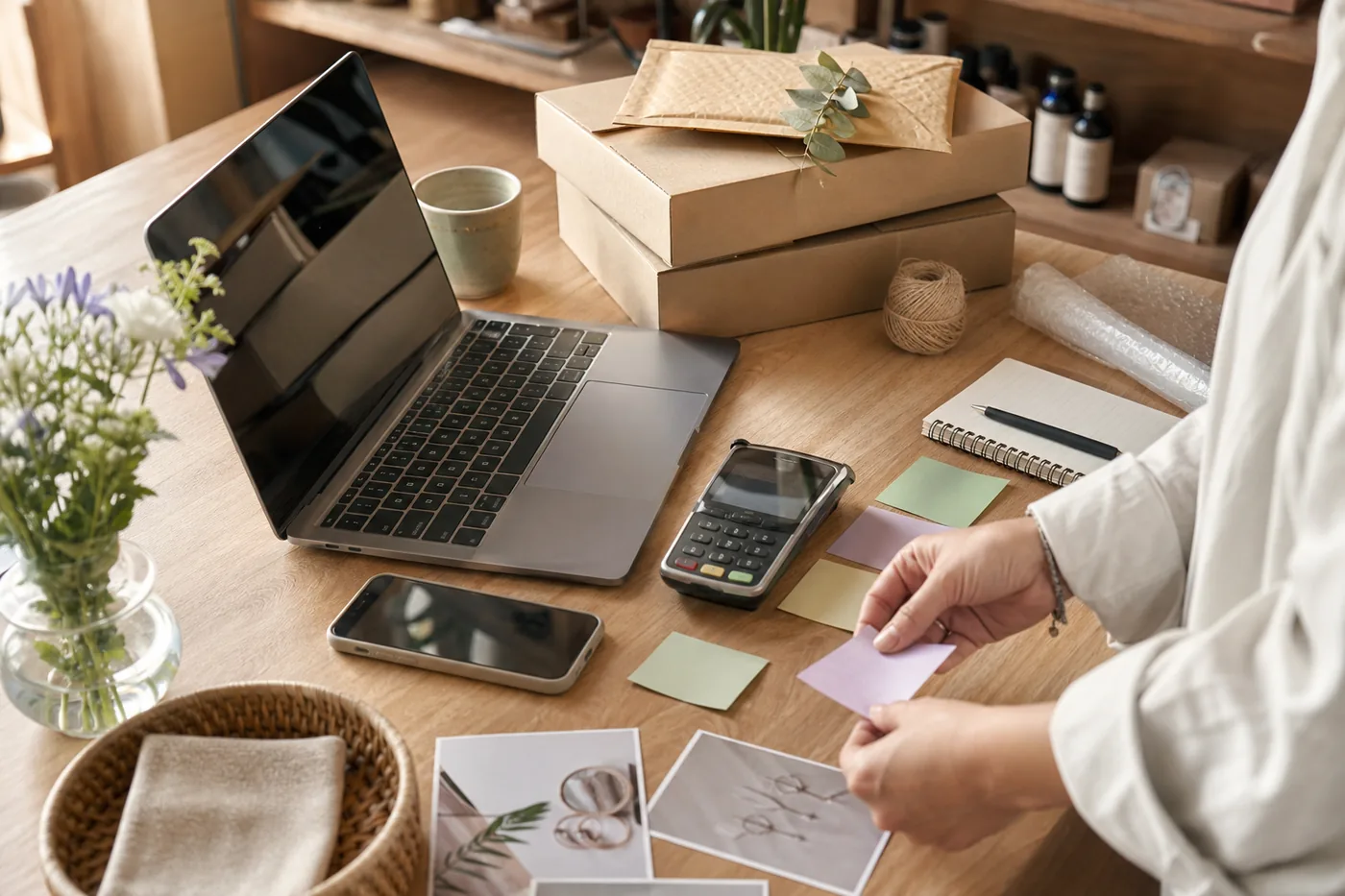 Mostrador con portátil, móvil, notas, pagos y herramientas de negocio sin ordenar.